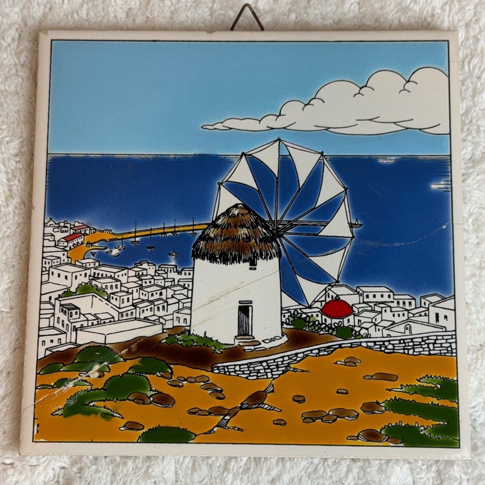 Thanos Vintage Greece Ceramic Art Tile Mykonos Windmill Wall Hanging Plaque 6x6